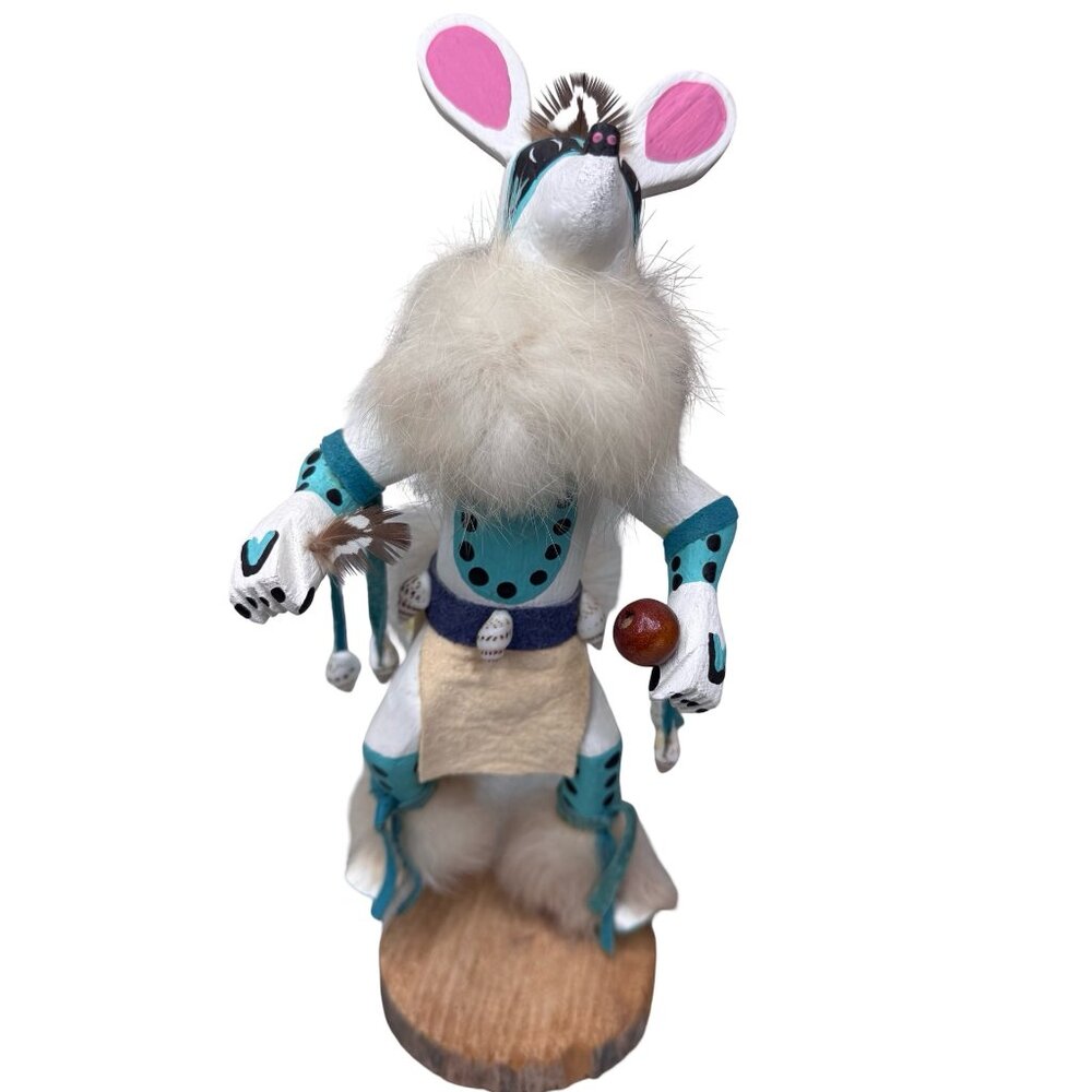 Vintage SIgned Native American Kachina Doll White Mouse Figurine Dancer 7" Wood
